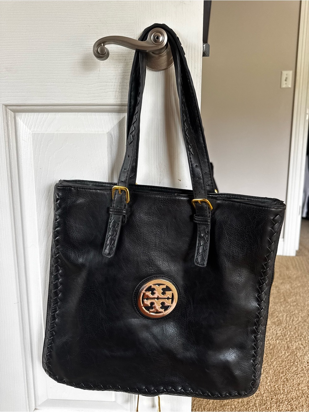 Black Leather Logo Tote